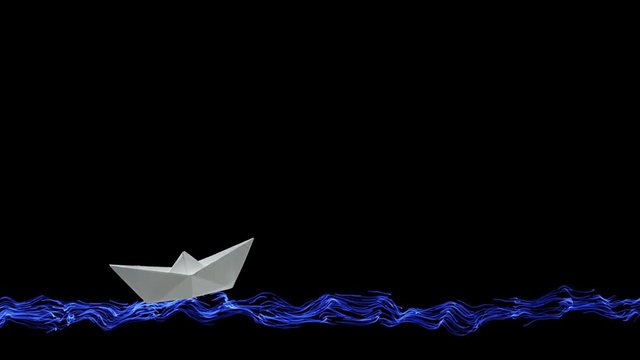 One white origami paper boat animated sails on the painted sea and waves on a black background at the bottom of the screen, with copy space for your inscription above.
