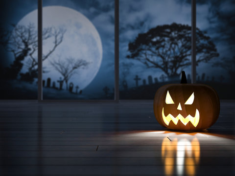 3d rendering image of pumpkin head in the dark room