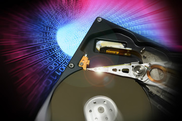 Close Up of Open Hard Disk Drive with binary color effects. background