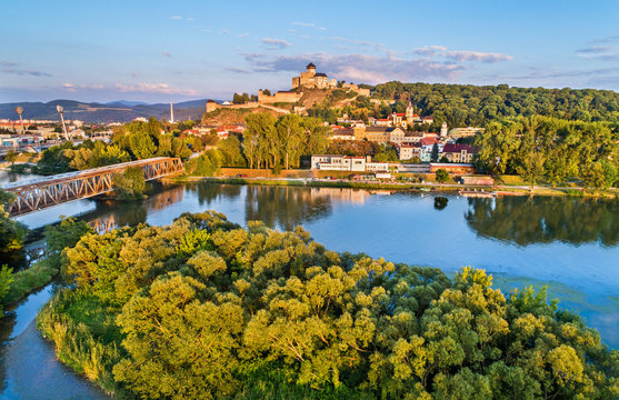 View of Trencin with the Trencin castle above the Vah river in Slovakia
