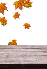 Naklejka na ściany i meble Wood floor on beautiful autumn leaves frame isolated on white background