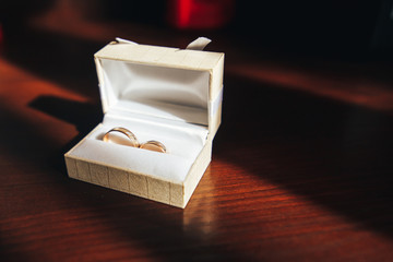 two gold wedding rings in a paper package