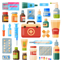 Medical instruments first-aid set outfit medicine chest and doctor tools flat medicament medication hospital health treatment vector illustration.