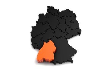 black germany map, with Baden-Wurttemberg region, highlighted in orange.3d render