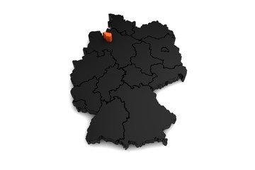black germany map, with bremen region, highlighted in orange.3d render