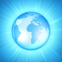 Earth on the sunburst background in light blue colors, vector illustration