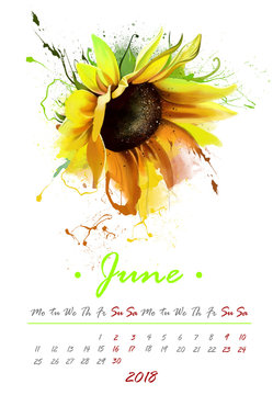 2018 calendar with stylized flowers watercolor sunflower. For the month of June