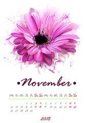 2018 calendar with stylized watercolor flowers. For the month of may. In the month of November