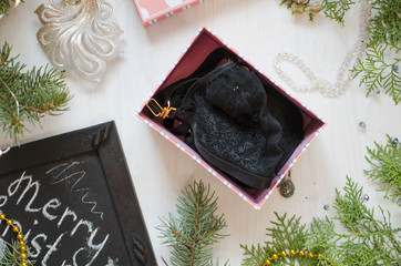 Black and grey lace fashion lingerie on the whiye decorative background. Christmas feast gifts.