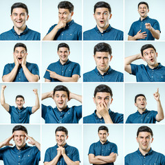 Set of young man's portraits with different emotions and gestures