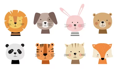 Papier Peint photo Zoo Animaux mignons de dessin animé pour les cartes de bébé. Illustration vectorielle. Lion, chien, lapin, ours, panda, tigre, chat, renard.