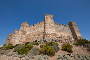 rampart of landmark ancient arab Castle of Burgalimar, from X century, public monument in village Banos de la Encina, Jaen, Andalusia, Spain Europe
