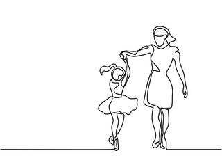 Continuous line drawing. Happy woman mother help to dance to her daughter. Vector illustration total editable, choose thickness and place of line