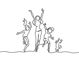 Continuous line drawing. Happy mother dancing with children and dog. Vector illustration. Total editable, choose thickness and place of line