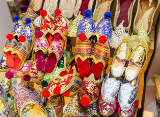 Colorful Turkish Slippers at the sale counter in Bazar souvenir market