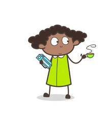 Comic Young Girl Student Holding a Book and Coffee Vector