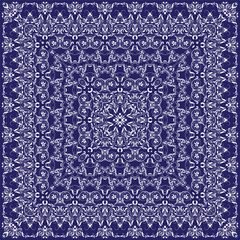 Blue handkerchief with white ornament. Square ornament for print on fabric, vector illustration.