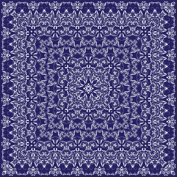 Blue handkerchief with white ornament. Square ornament for print on fabric, vector illustration.