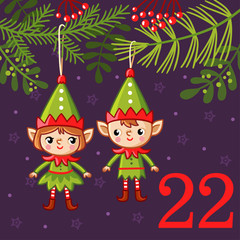 Vector christmas advent calendar in childrens style. Cute Christmas decorations in the form of elves hang on the Christmas tree.