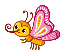 Vector illustration with cute butterfly on white background. Insect cartoon, childrens style.