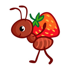 Vector illustration with an ant that bears on itself a strawberry berry. Cute insect in the childrens cartoon style.
