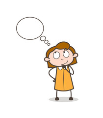 Happy Young Lady Thinking Face with Thought Bubble Vector