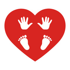 the imprint of the child's hands and feet on the background of the heart