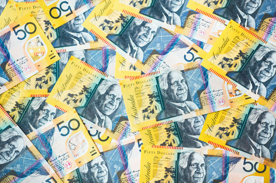 Overhead view of Australian 50 dollar bills