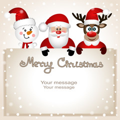 Fototapeta na wymiar Funny postcard with Christmas reindeer, Santa and snowman. 