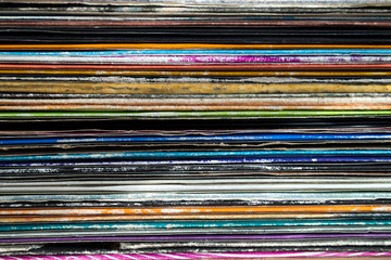 Stacked vinyl records macro