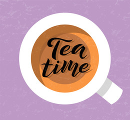Tea time custom lettering text on light violet background with tea cup, vector illustration. Tea calligraphy for logo, invitation and postcards. Tea time vector design.