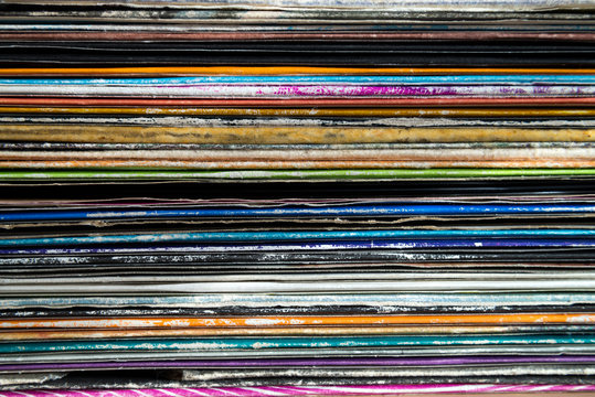 Stacked vinyl records macro