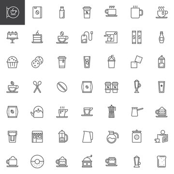 Coffee line icons set, outline vector symbol collection, linear style pictogram pack. Signs, logo illustration. Set includes icons as coffee house, tea cup, coffee machine, dessert, cappuccino, latte