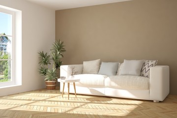 Idea of white minimalist room with sofa. Scandinavian interior design. 3D illustration