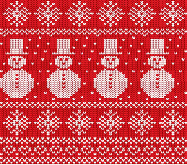 Knit christmas design with snowmen and snowflakes. Geometric knitted seamless pattern.
