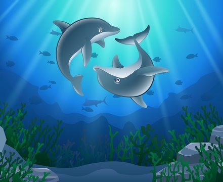 Dolphin cartoon with underwater view and coral background. Vector Illustration.