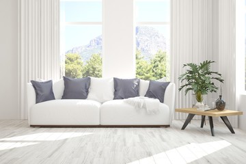 Idea of white minimalist room with sofa. Scandinavian interior design. 3D illustration