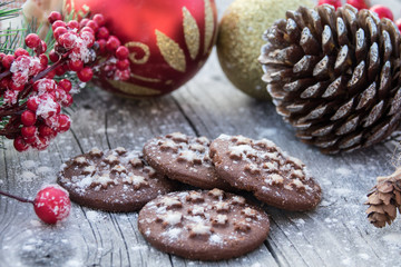 Cocoa cookies and spices on a wooden background near, Christmas decorations