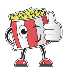 a bucket of popcorn, cartoon character, cardboard box shows the thumb, cool snack,vector image, flat design