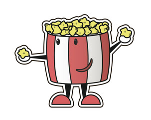 friendly bucket with popcorn gives grain,good cartoon character, snack to watch the movie,color sticker, vector image, flat design,outline style