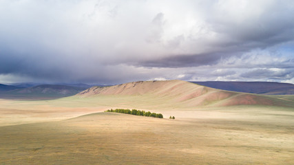 Aerial view from a drone of a vast mountain landscape in northern Mongolia. Khuvsgol, Mongolia.