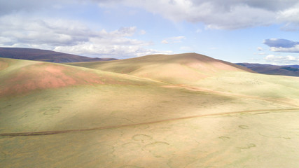 Aerial view from a drone of a vast mountain landscape in northern Mongolia. Khuvsgol, Mongolia.