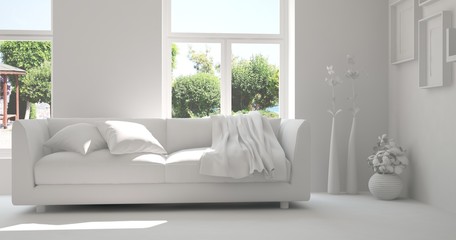 Idea of white room with sofa and summer landscape in window. Scandinavian interior design. 3D illustration