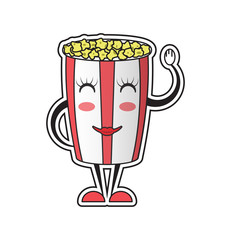 bucket with popcorn, cartoon character girl, vector image, flat design, colorful sticker