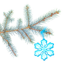 Christmas fir tree branch with snowflake ornament isolated on white background