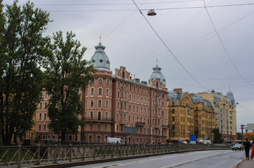 Historical buildings profitable houses are located on the embankment of the River Karpovka in St. Petersburg in Russia.