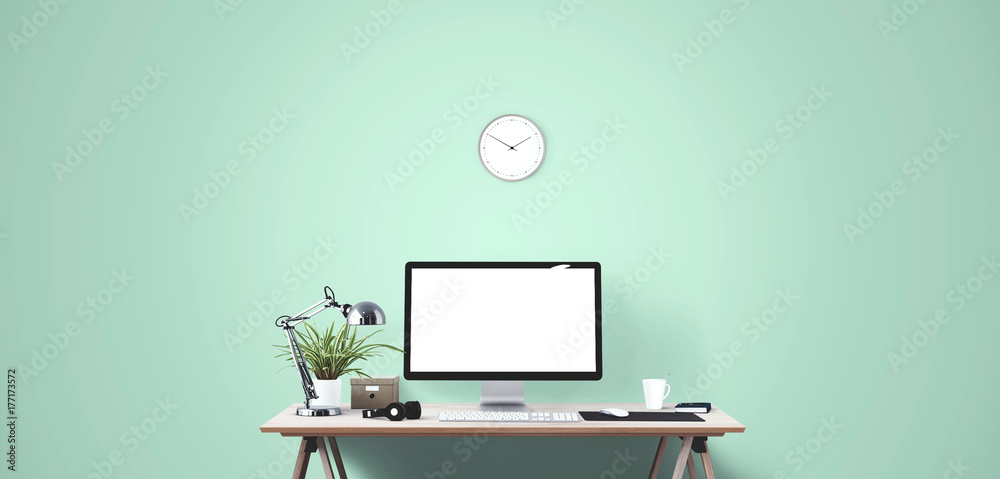 Wall mural computer display and office tools on desk. desktop computer screen isolated. modern creative workspa