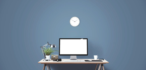 Computer display and office tools on desk. Desktop computer screen isolated. Modern creative workspace background. Front view.