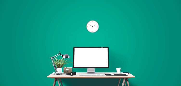Computer display and office tools on desk. Desktop computer screen isolated. Modern creative workspace background. Front view.