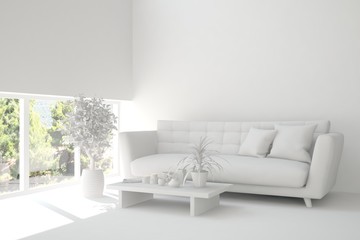 Idea of white room with sofa and summer landscape in window. Scandinavian interior design. 3D illustration